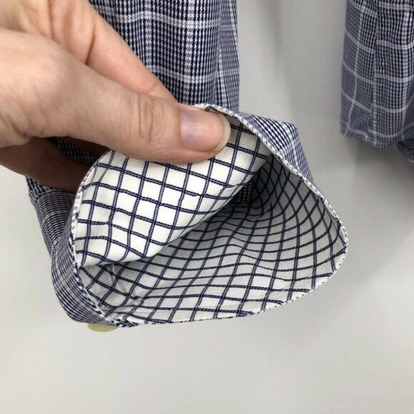 Thomas Dean Men’s Size L Button Up Shirt Plaid Houndstooth Navy Blue Flip Cuff - Picture 6 of 9